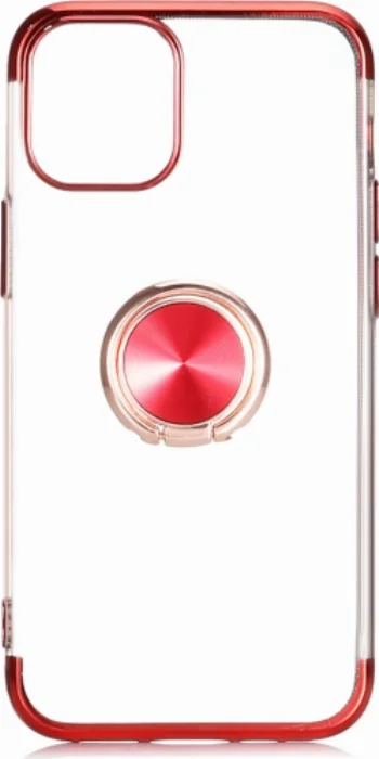 Apple iPhone 12 (6.1) Kılıf Renkli Köşeli Yüzüklü Standlı Lazer Şeffaf Esnek Silikon - Kırmızı