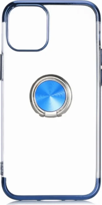 Apple iPhone 12 (6.1) Kılıf Renkli Köşeli Yüzüklü Standlı Lazer Şeffaf Esnek Silikon - Mavi