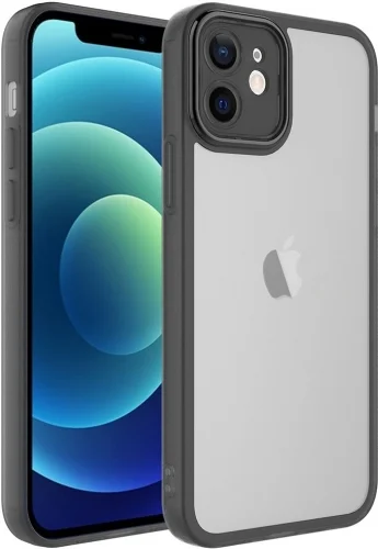 Apple iPhone 12 (6.1) Kılıf Şeffaf Esnek Silikon Kenarları Buzlu Kamera Korumalı Post Kapak - Siyah
