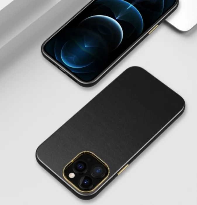 Apple iPhone 12 (6.1) Kılıf Soft Silikon Metalik Deri Natura Kapak - Siyah