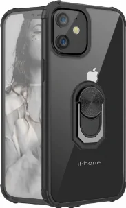 Apple iPhone 12 (6.1) Kılıf Standlı Arkası Şeffaf Kenarları Airbag Kapak - Siyah