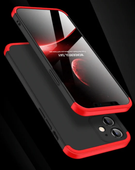 Apple iPhone 12 Mini (5.4) Kılıf 3 Parçalı 360 Tam Korumalı Rubber AYS Kapak - Kırmızı Siyah