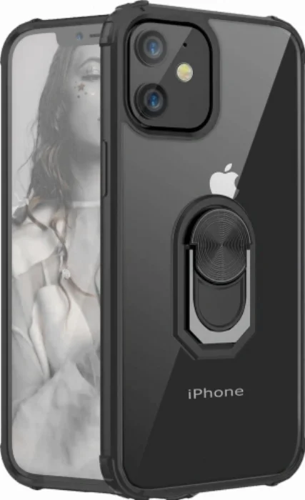 Apple iPhone 12 Mini (5.4) Kılıf Standlı Arkası Şeffaf Kenarları Airbag Kapak - Siyah