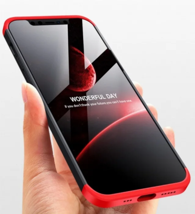 Apple iPhone 12 Pro (6.1) Kılıf 3 Parçalı 360 Tam Korumalı Rubber AYS Kapak - Kırmızı Siyah