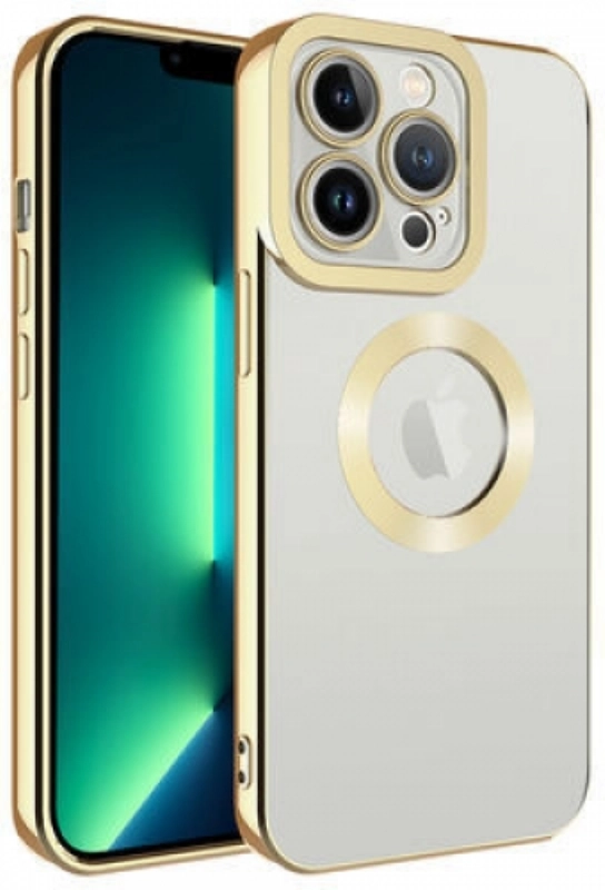 Apple iPhone 12 Pro (6.1) Kılıf Kamera Lens Korumalı Şeffaf Renkli Logo Gösteren Parlak Kapak - Gold