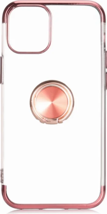 Apple iPhone 12 Pro (6.1) Kılıf Renkli Köşeli Yüzüklü Standlı Lazer Şeffaf Esnek Silikon - Rose Gold
