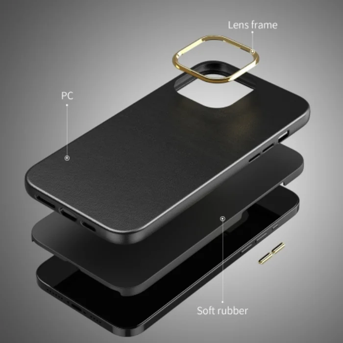 Apple iPhone 12 Pro (6.1) Kılıf Soft Silikon Metalik Deri Natura Kapak - Siyah