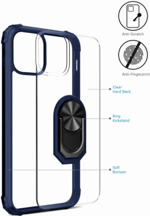 Apple iPhone 12 Pro (6.1) Kılıf Standlı Arkası Şeffaf Kenarları Airbag Kapak - Lacivert