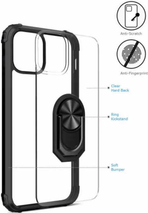 Apple iPhone 12 Pro (6.1) Kılıf Standlı Arkası Şeffaf Kenarları Airbag Kapak - Siyah
