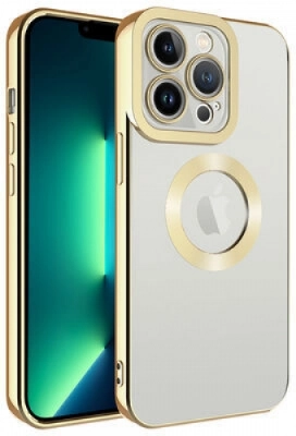 Apple iPhone 12 Pro Max (6.7) Kılıf Kamera Lens Korumalı Şeffaf Renkli Logo Gösteren Parlak Kapak - Gold