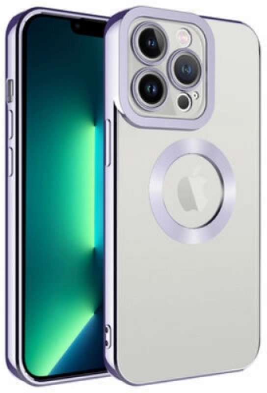 Apple iPhone 12 Pro Max (6.7) Kılıf Kamera Lens Korumalı Şeffaf Renkli Logo Gösteren Parlak Kapak - Lila