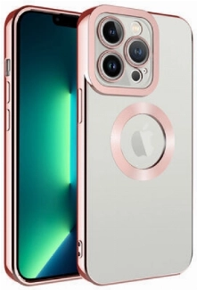 Apple iPhone 12 Pro Max (6.7) Kılıf Kamera Lens Korumalı Şeffaf Renkli Logo Gösteren Parlak Kapak - Rose Gold