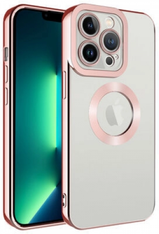 Apple iPhone 12 Pro Max (6.7) Kılıf Kamera Lens Korumalı Şeffaf Renkli Logo Gösteren Parlak Kapak - Rose Gold