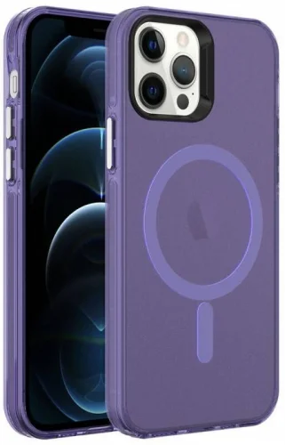 Apple iPhone 12 Pro Max (6.7) Kılıf Magsafe Şarj Özellikli Buzlu Transparan C-Pro Sert Kapak - Koyu Mor