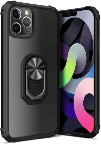 Apple iPhone 12 Pro Max (6.7) Kılıf Standlı Arkası Şeffaf Kenarları Airbag Kapak - Siyah