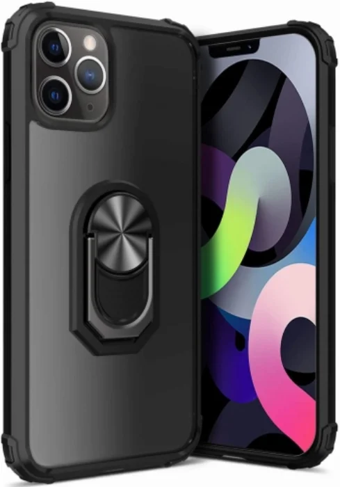 Apple iPhone 12 Pro Max (6.7) Kılıf Standlı Arkası Şeffaf Kenarları Airbag Kapak - Siyah