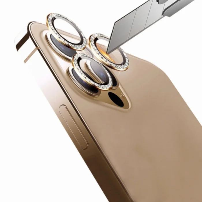 Apple iPhone 12 Pro Max (6.7) Taşlı Kamera Lens Koruyucu CL-06 - Gold