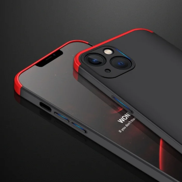 Apple iPhone 13 (6.1) Kılıf 3 Parçalı 360 Tam Korumalı Rubber AYS Kapak  - Kırmızı - Siyah