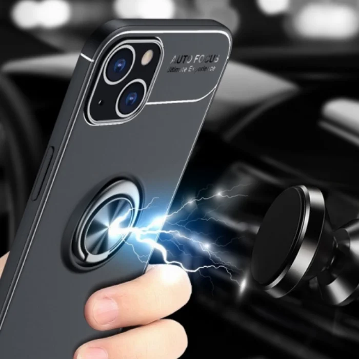 Apple iPhone 13 (6.1) Kılıf Auto Focus Serisi Soft Premium Standlı Yüzüklü Kapak - Siyah