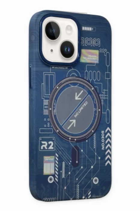 Apple iPhone 13 (6.1) Kılıf Fosforlu Metal Slim Magnetic MagSafe Kapak - Mavi