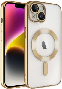Apple iPhone 13 (6.1) Kılıf Kamera Korumalı Şeffaf Magsafe Wireless Şarj Özellikli Demre Kapak - Gold