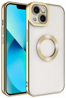 Apple iPhone 13 (6.1) Kılıf Kamera Lens Korumalı Şeffaf Renkli Logo Gösteren Parlak Kapak - Gold