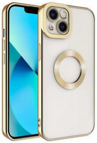 Apple iPhone 13 (6.1) Kılıf Kamera Lens Korumalı Şeffaf Renkli Logo Gösteren Parlak Kapak - Gold