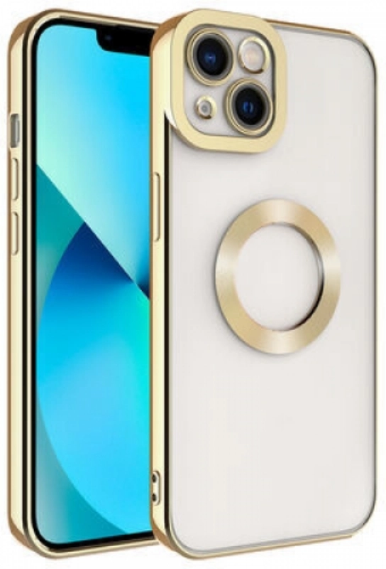 Apple iPhone 13 (6.1) Kılıf Kamera Lens Korumalı Şeffaf Renkli Logo Gösteren Parlak Kapak - Gold