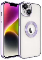 Apple iPhone 13 (6.1) Kılıf Kamera Lens Korumalı Şeffaf Renkli Logo Gösteren Parlak Kapak - Lila