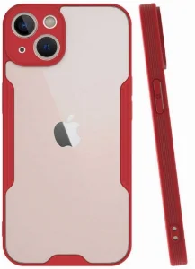 Apple iPhone 13 (6.1) Kılıf Kamera Lens Korumalı Arkası Şeffaf Silikon Kapak - Kırmızı