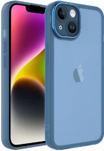 Apple iPhone 13 (6.1) Kılıf Şeffaf Esnek Silikon Kenarları Buzlu Kamera Korumalı Post Kapak - Mavi