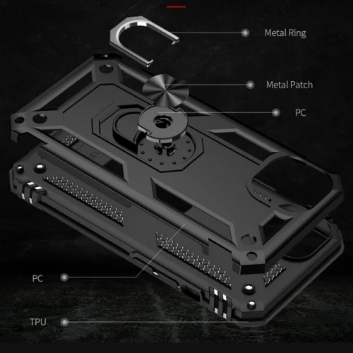 Apple iPhone 13 (6.1) Kılıf Silikon Zırhlı Standlı Yüzüklü Mıknatıslı Tank Kapak - Siyah