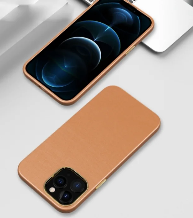 Apple iPhone 13 Pro (6.1) Kılıf Soft Silikon Metalik Deri Natura Kapak - Kahverengi