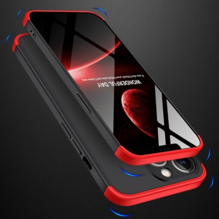 Apple iPhone 13 Pro Max (6.7) Kılıf 3 Parçalı 360 Tam Korumalı Rubber AYS Kapak  - Kırmızı - Siyah
