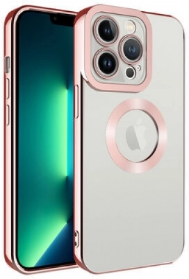 Apple iPhone 13 Pro Max (6.7) Kılıf Kamera Lens Korumalı Şeffaf Renkli Logo Gösteren Parlak Kapak - Rose Gold