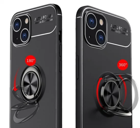 Apple iPhone 14 (6.1) Kılıf Renkli Silikon Yüzüklü Standlı Auto Focus Ravel Kapak - Mavi - Siyah