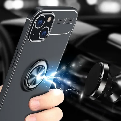 Apple iPhone 14 (6.1) Kılıf Renkli Silikon Yüzüklü Standlı Auto Focus Ravel Kapak - Siyah