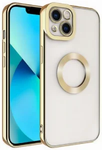 Apple iPhone 14 (6.1) Kılıf Kamera Korumalı Silikon Logo Açık Omega Kapak - Gold