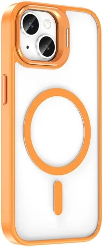 Apple iPhone 14 (6.1) Kılıf Magsafe Wireless Şarj Özellikli Standlı Magsafe Klon Lensli Kapak - Turuncu