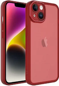 Apple iPhone 14 (6.1) Kılıf Şeffaf Esnek Silikon Kenarları Buzlu Kamera Korumalı Post Kapak - Kırmızı