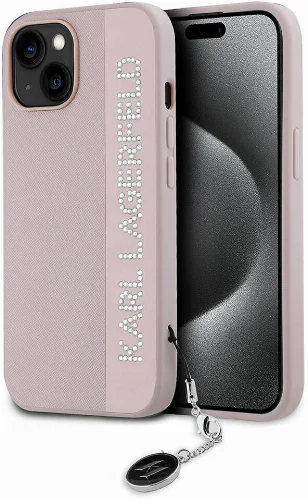 Apple iPhone 14 (6.1) Kılıf Karl Lagerfeld Orjinal Lisanslı Anahtarlıklı Taşlı KL Yazılı Saffiano Rhinestones Kapak - Pembe