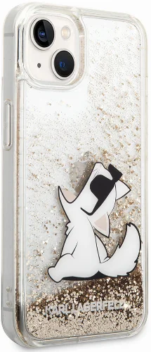 Apple iPhone 14 (6.1) Kılıf Karl Lagerfeld Sıvılı Simli Choupette Dizayn Kapak - Gold