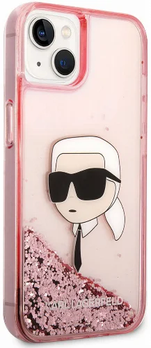 Apple iPhone 14 (6.1) Kılıf Karl Lagerfeld Sıvılı Simli Karl Head Dizayn Kapak - Pembe