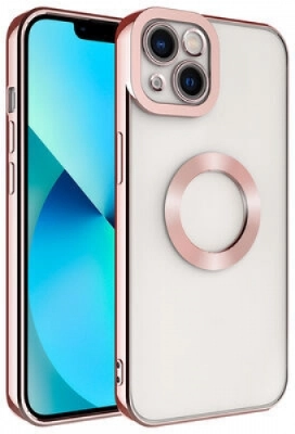 Apple iPhone 14 Plus (6.7) Kılıf Kamera Lens Korumalı Şeffaf Renkli Logo Gösteren Parlak Kapak - Rose Gold