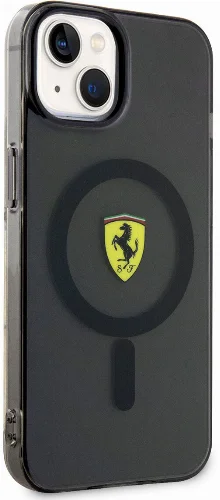 Apple iPhone 14 Plus Kılıf Ferrari Magsafe Şarj Özellikli Yarı Transparan Dizayn Kapak - Siyah