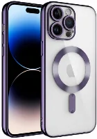 Apple iPhone 14 Pro (6.1) Kılıf Kamera Korumalı Şeffaf Magsafe Wireless Şarj Özellikli Demre Kapak - Koyu Mor