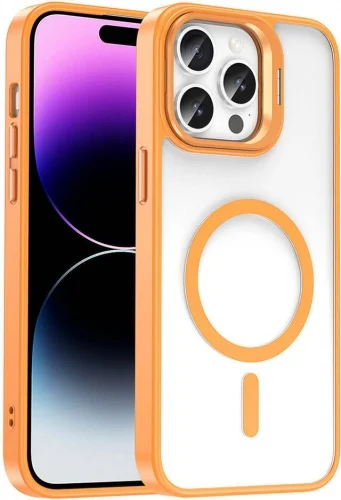 Apple iPhone 14 Pro (6.1) Kılıf Magsafe Wireless Şarj Özellikli Standlı Magsafe Klon Lensli Kapak - Turuncu