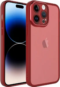 Apple iPhone 14 Pro (6.1) Kılıf Şeffaf Esnek Silikon Kenarları Buzlu Kamera Korumalı Post Kapak - Kırmızı