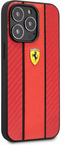 Apple iPhone 14 Pro (6.1) Kılıf Ferrari PU Deri Ve Karbon Dizayn Kapak - Kırmızı