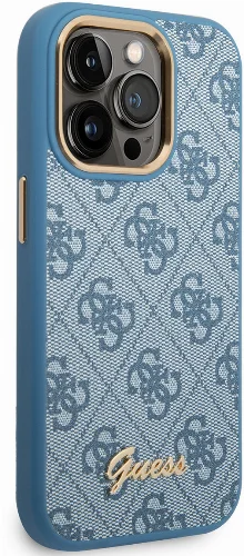 Apple iPhone 14 Pro Kılıf GUESS PU Deri Metal Logo Dizaynlı Kapak - Mavi